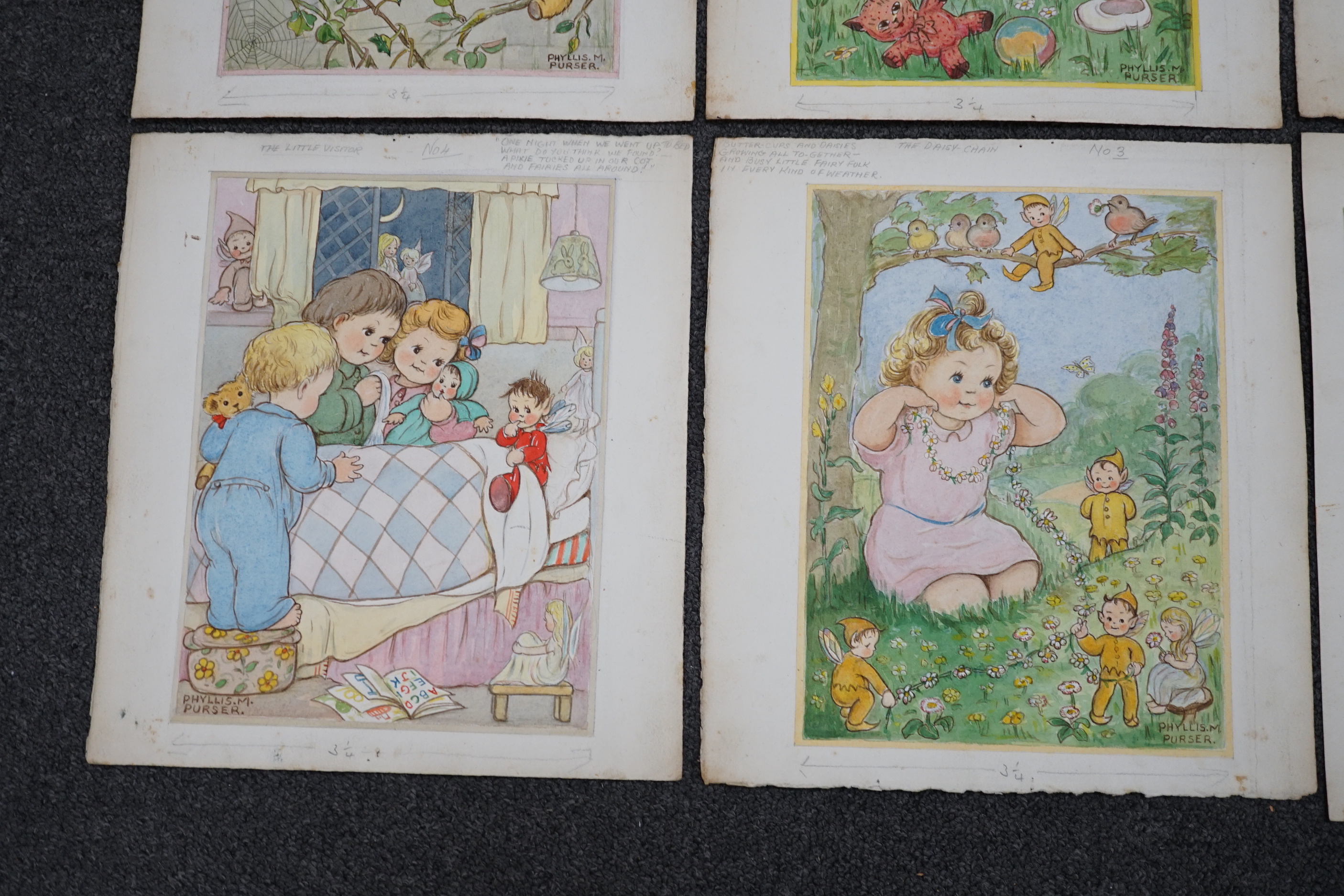 Phyllis Purser (1893-1990), set of six watercolour postcard designs, Humorous Children with Pixies, signed, 26 x 19cm, unframed.